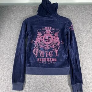 Juicy Couture Vintage Navy Velour Bling Hoodie Jacket Terriers Scotties USA SZ M